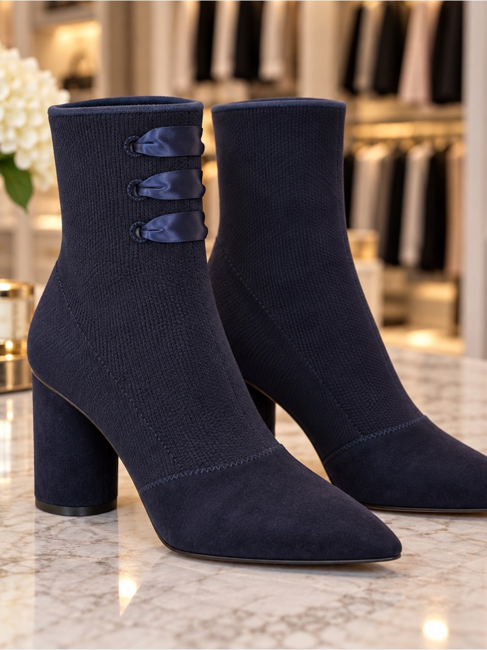 Nine West Navy Suede Ribbon Ankle Boots Pointed Toe Size 8